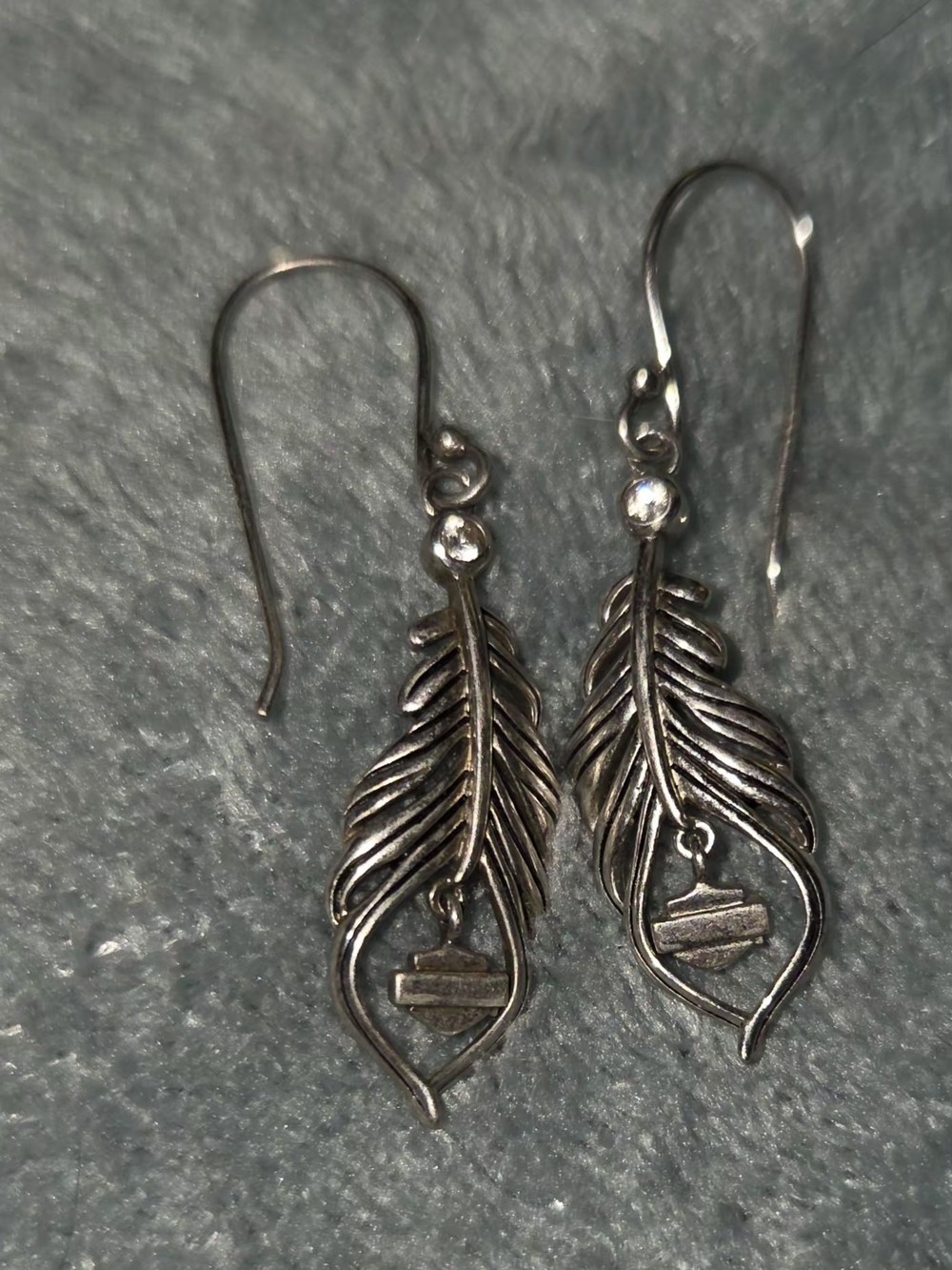 Harley-Davidson Silver Feather Drop Earrings with Bar And Sheild Dangle